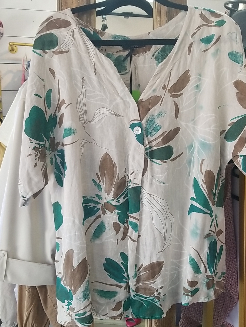 Cherish Floral Button-Down Top in Teal, Brown and Cream